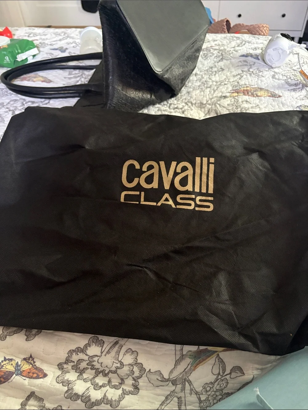 Roberto Cavalli Black Women's Tote Bag with Embossed Logo and Gold Hardware